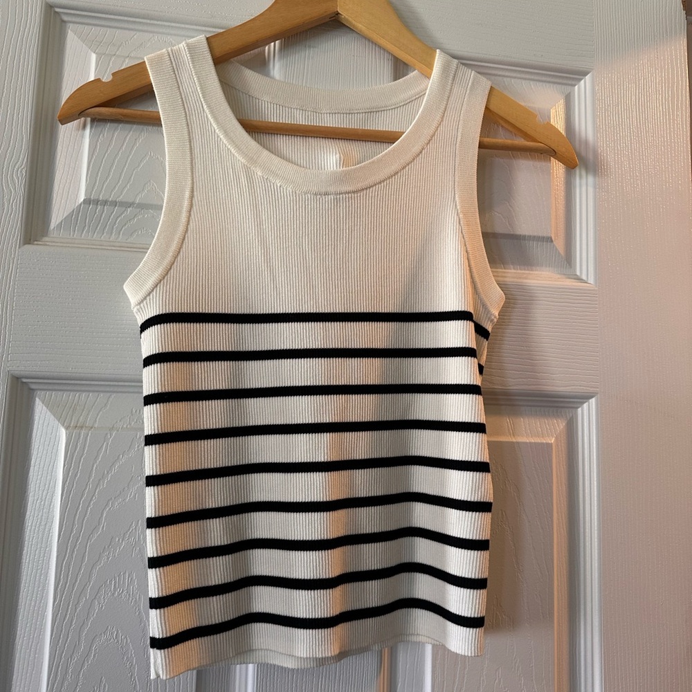 Women’s Ribbed Sleeveless Tank - White with Black Stripes